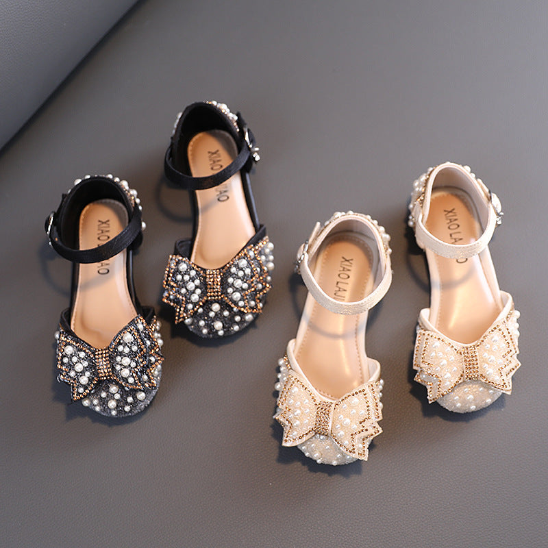 Girls' Closed-Toe Glitter Dress Sandals with Pearls & Rhinestones - Special Occasion Party Shoes