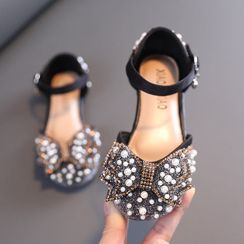 Girls' Closed-Toe Glitter Dress Sandals with Pearls & Rhinestones - Special Occasion Party Shoes