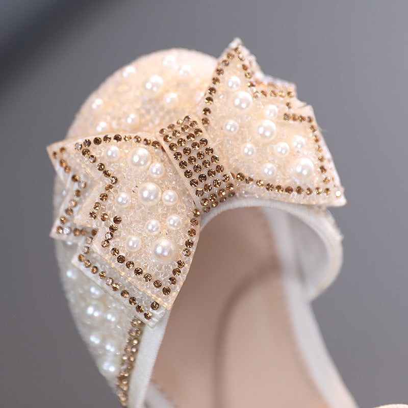 Girls' Closed-Toe Glitter Dress Sandals with Pearls & Rhinestones - Special Occasion Party Shoes