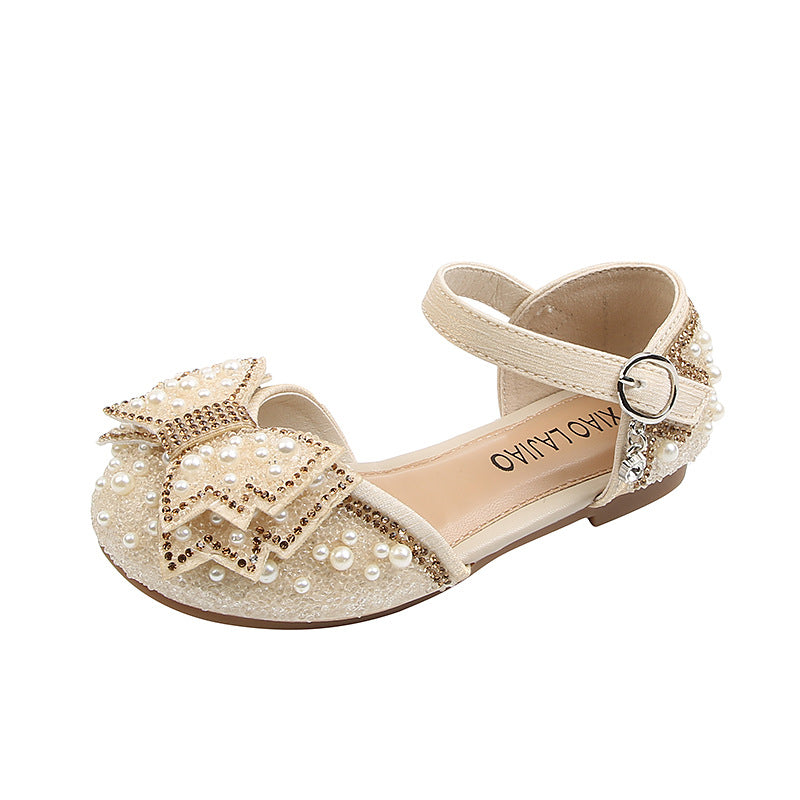Girls' Closed-Toe Glitter Dress Sandals with Pearls & Rhinestones - Special Occasion Party Shoes
