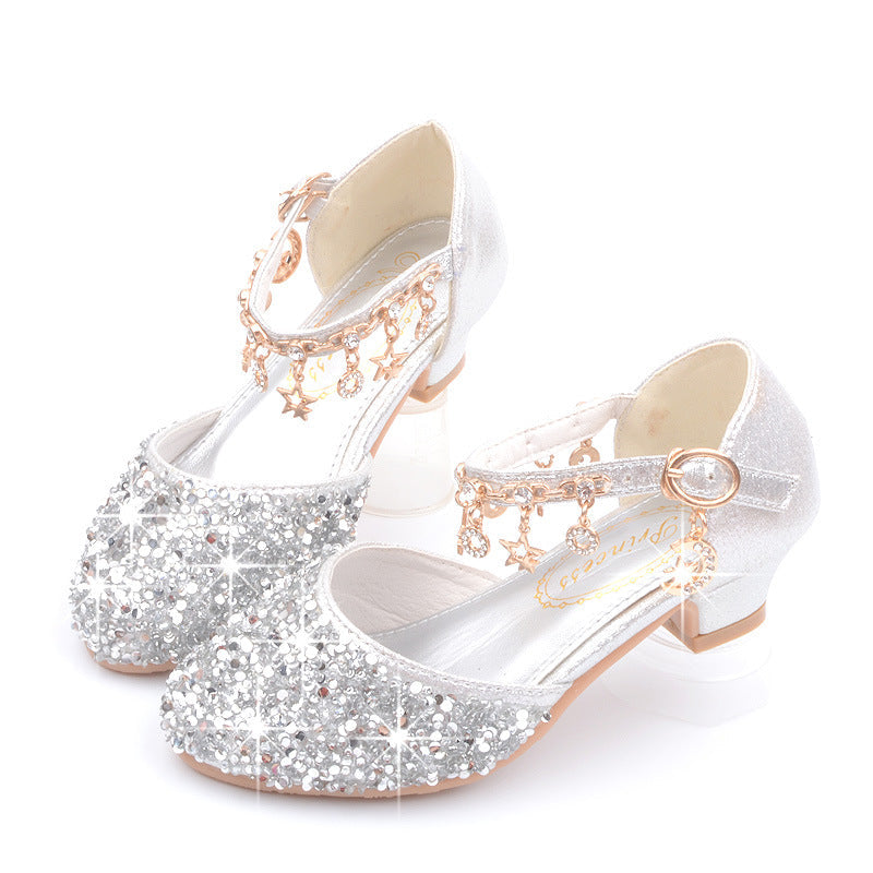Girls' Sparkly Round Toe Closed-Toe Dress Sandals with Kitten Heel and Buckle Strap