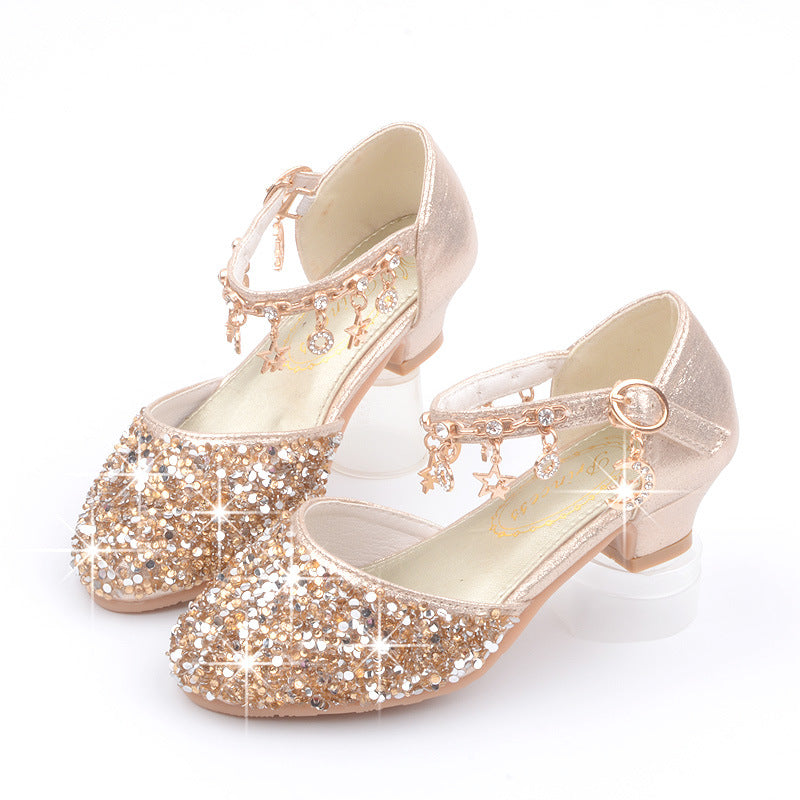 Girls' Sparkly Round Toe Closed-Toe Dress Sandals with Kitten Heel and Buckle Strap