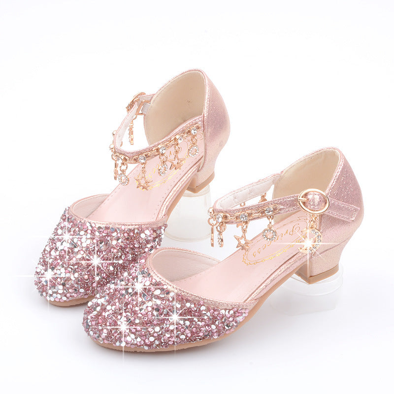 Girls' Sparkly Round Toe Closed-Toe Dress Sandals with Kitten Heel and Buckle Strap