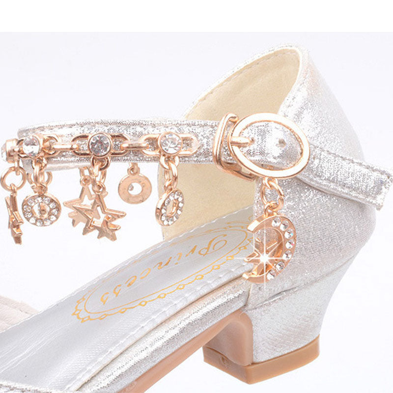 Girls' Sparkly Round Toe Closed-Toe Dress Sandals with Kitten Heel and Buckle Strap