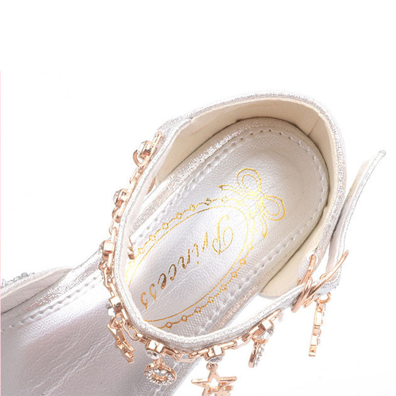 Girls' Sparkly Round Toe Closed-Toe Dress Sandals with Kitten Heel and Buckle Strap