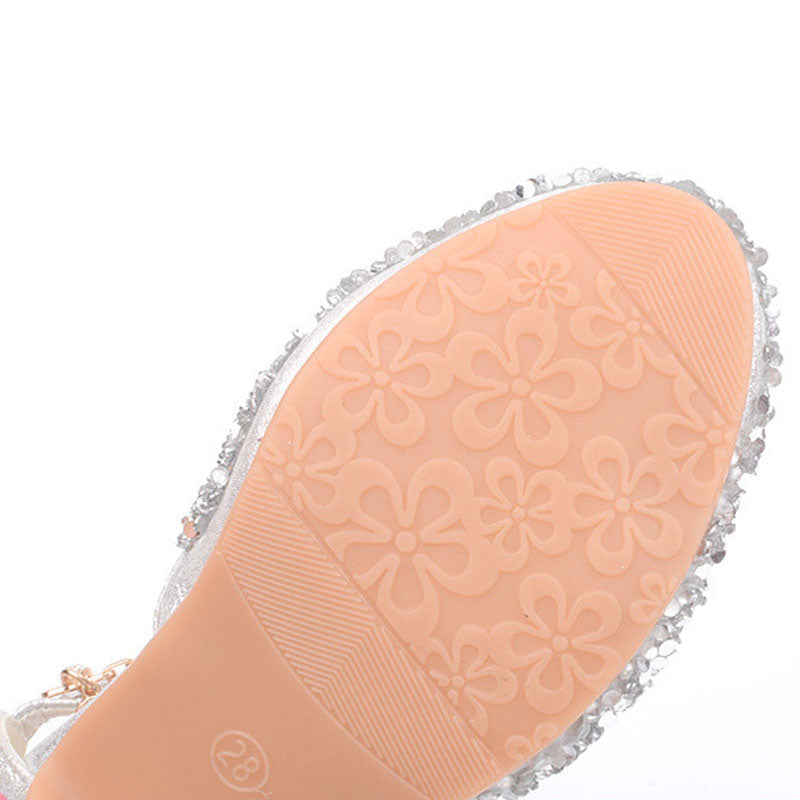 Girls' Sparkly Round Toe Closed-Toe Dress Sandals with Kitten Heel and Buckle Strap
