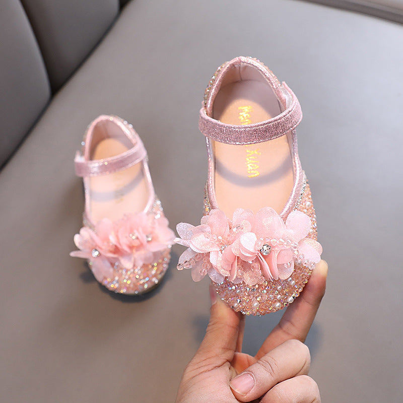 Girls' Glitter Closed-Toe Flower Party Shoes – Sparkly Block Heel for Special Occasions