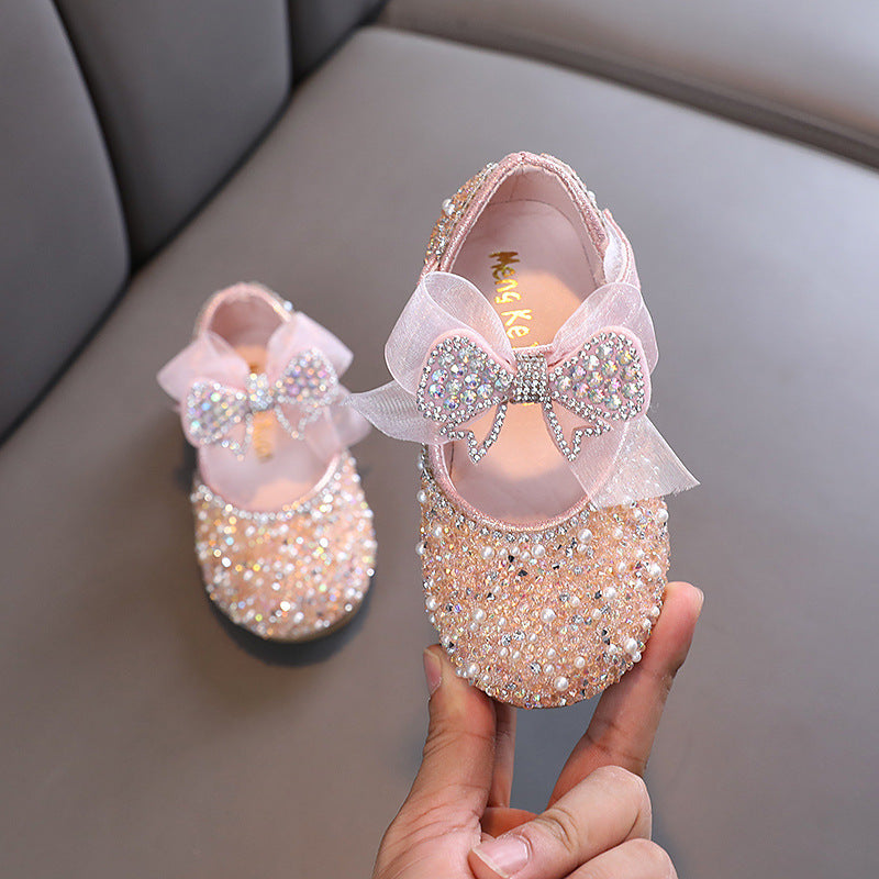 Sparkly Closed-Toe Party Shoes for Girls with Rhinestones & Bows