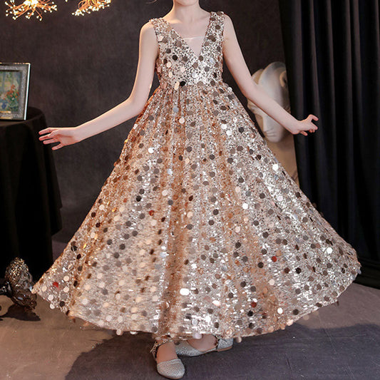 Girls Gold Sequined Floor Length Party Dress | Special Occasion A-Line Gown