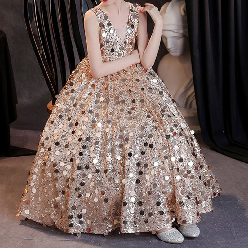 Girls Gold Sequined Floor Length Party Dress | Special Occasion A-Line Gown