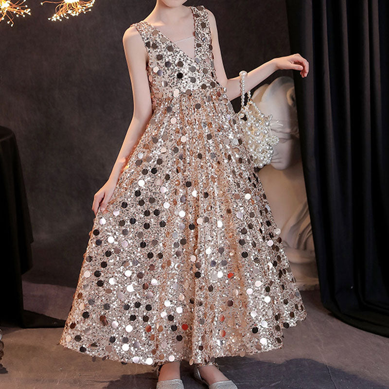 Girls Gold Sequined Floor Length Party Dress | Special Occasion A-Line Gown