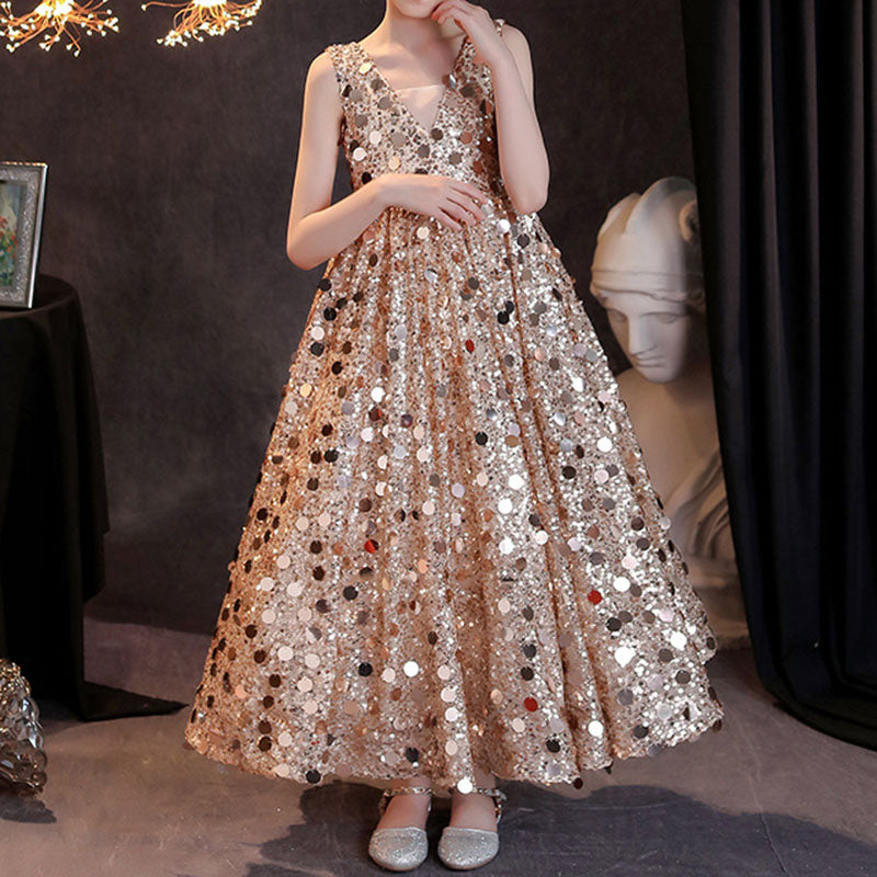 Girls Gold Sequined Floor Length Party Dress | Special Occasion A-Line Gown