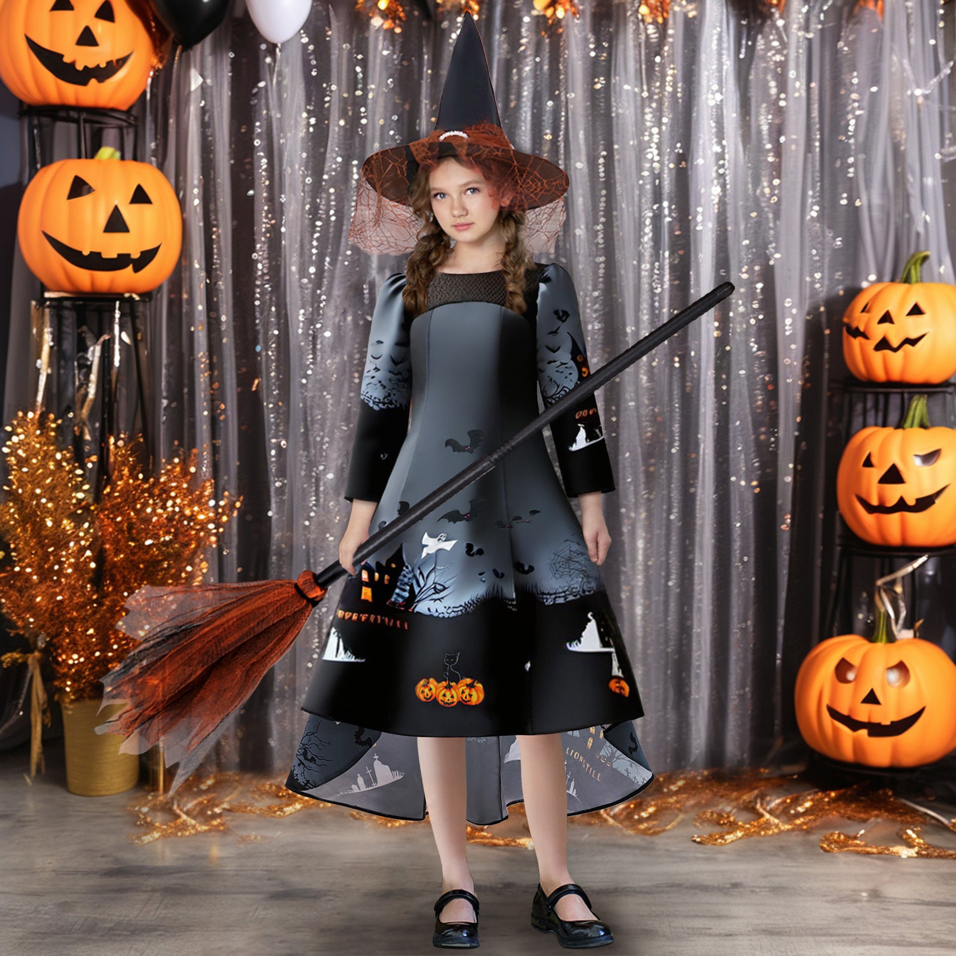 Girls' Halloween Pumpkin Witch A-Line Dress with Bat Print – Floor Length Costume