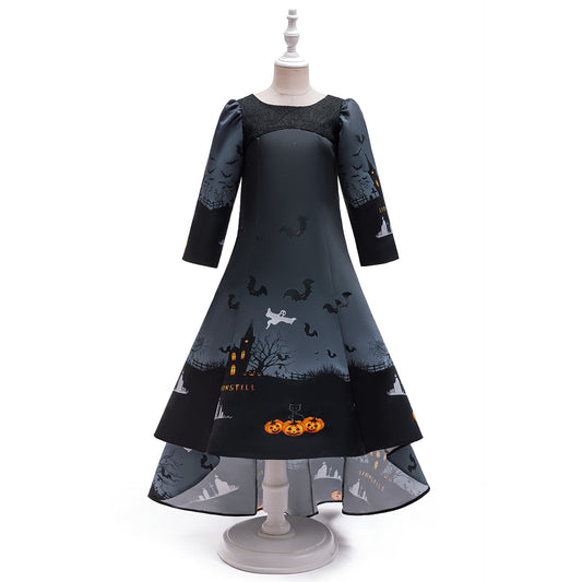 Girls' Halloween Pumpkin Witch A-Line Dress with Bat Print – Floor Length Costume