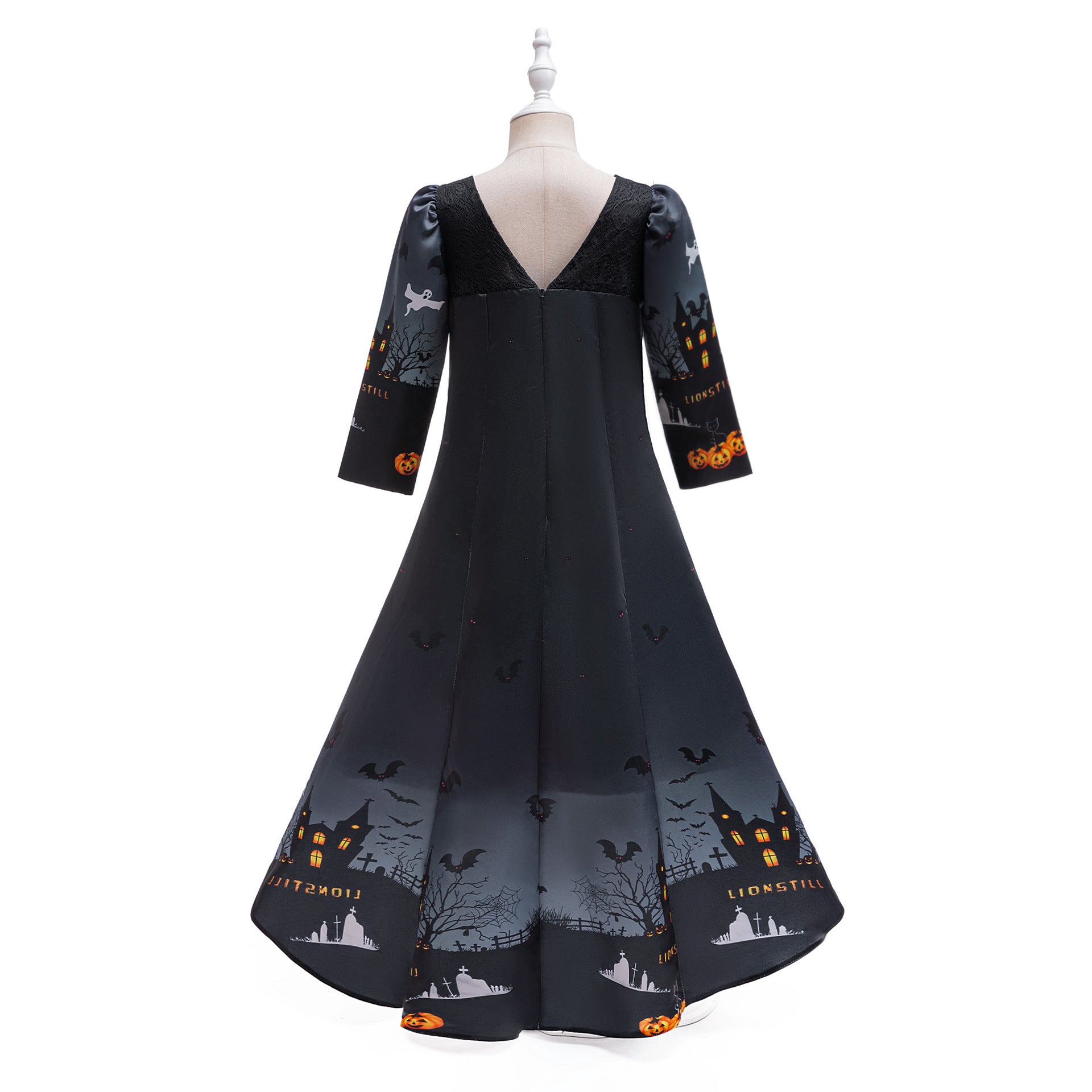 Girls' Halloween Pumpkin Witch A-Line Dress with Bat Print – Floor Length Costume