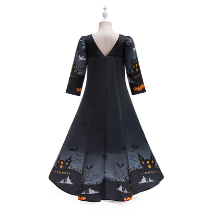 Girls' Halloween Pumpkin Witch A-Line Dress with Bat Print – Floor Length Costume