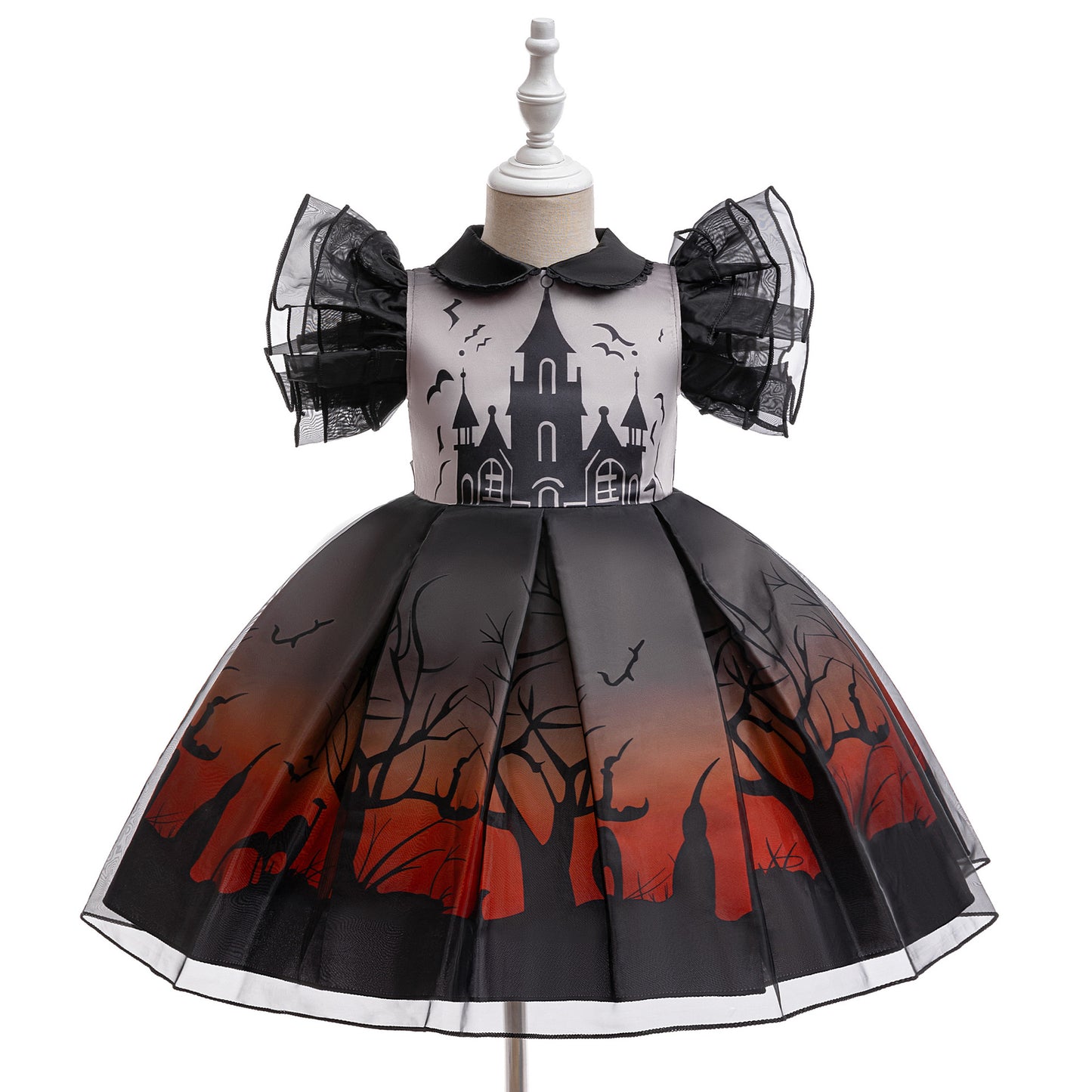 Girls Witch Bat Print Halloween Tea-Length Dress – Cosplay Costume for 3-10 Years