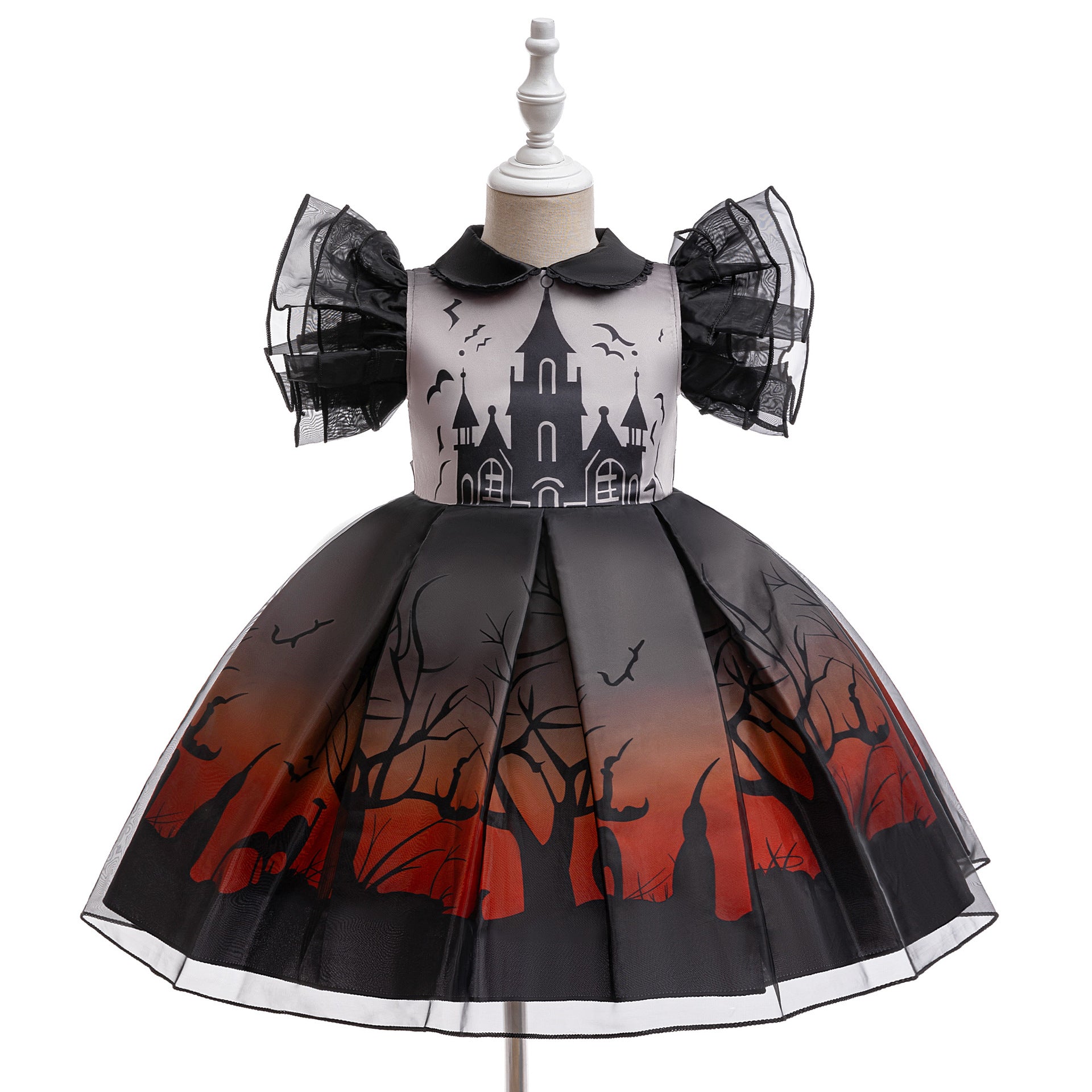 Girls Witch Bat Print Halloween Tea-Length Dress – Cosplay Costume for 3-10 Years