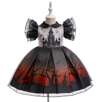 Girls Witch Bat Print Halloween Tea-Length Dress – Cosplay Costume for 3-10 Years