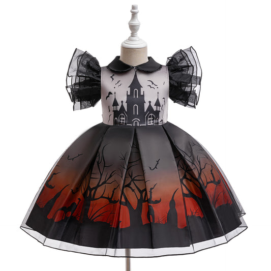 Girls Witch Bat Print Halloween Tea-Length Dress – Cosplay Costume for 3-10 Years