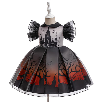 Girls Witch Bat Print Halloween Tea-Length Dress – Cosplay Costume for 3-10 Years