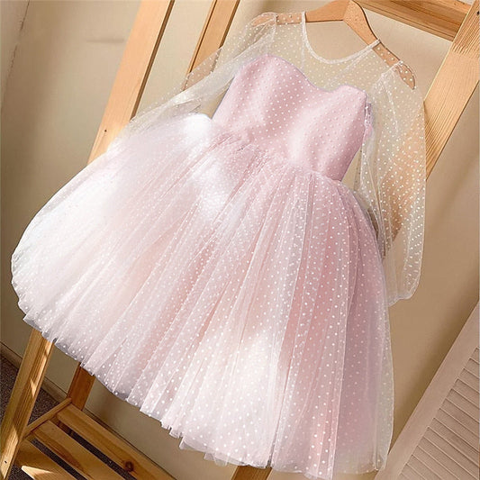 Girls Ball Gown Illusion Neckline Tulle Dress with Bows – Birthday & Special Occasion