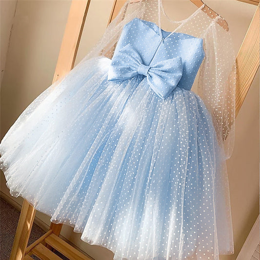 Girls Ball Gown Illusion Neckline Tulle Dress with Bows – Birthday & Special Occasion