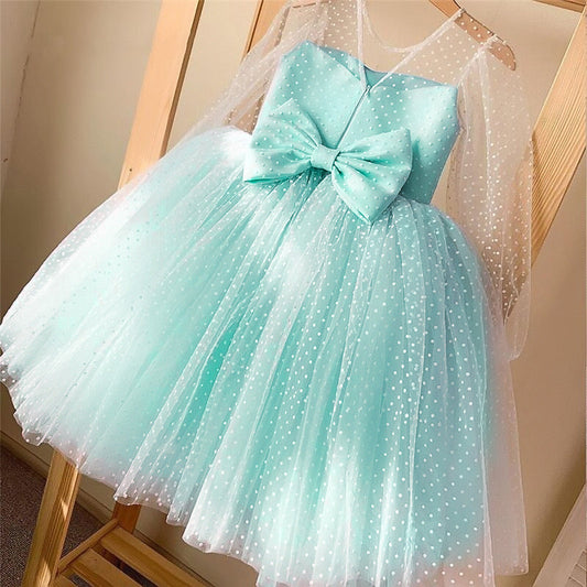 Girls Ball Gown Illusion Neckline Tulle Dress with Bows – Birthday & Special Occasion