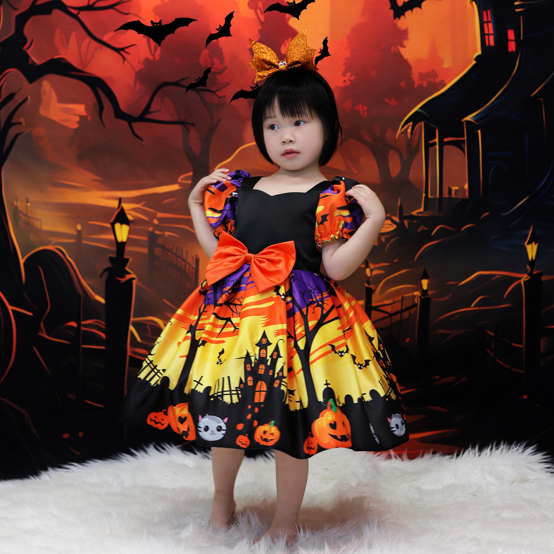 Orange Satin Tea Length A-Line Dress for Girls with Ruffle and Bow - Special Occasion Outfit