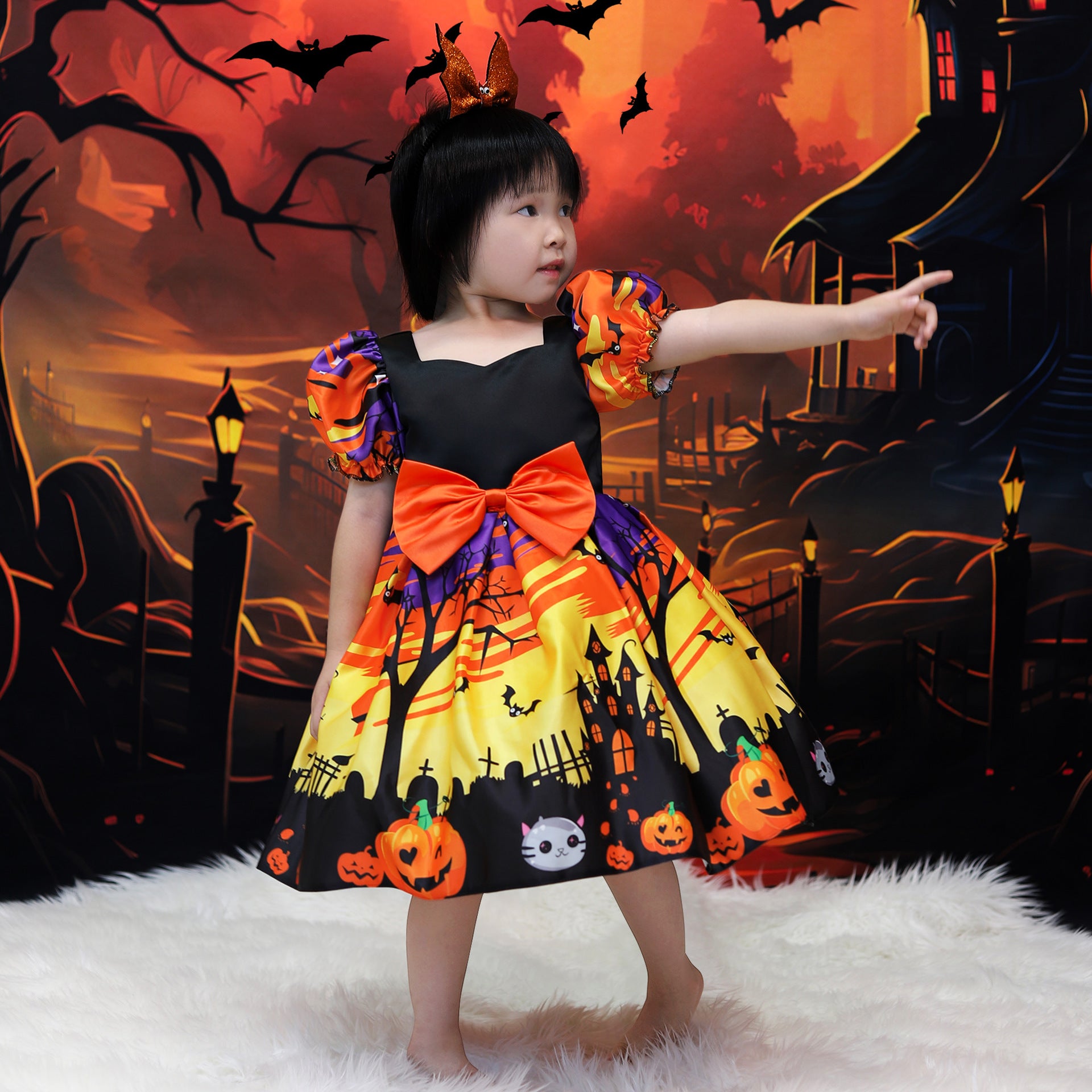 Orange Satin Tea Length A-Line Dress for Girls with Ruffle and Bow - Special Occasion Outfit