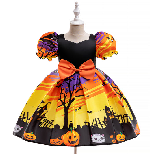 Orange Satin Tea Length A-Line Dress for Girls with Ruffle and Bow - Special Occasion Outfit