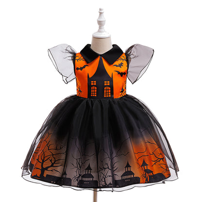 Orange Castle Print Witch Costume Dress for Girls – Halloween Party Outfit