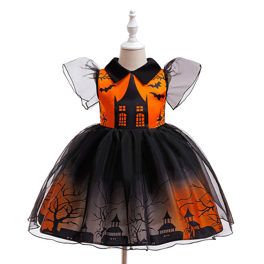 Orange Castle Print Witch Costume Dress for Girls – Halloween Party Outfit