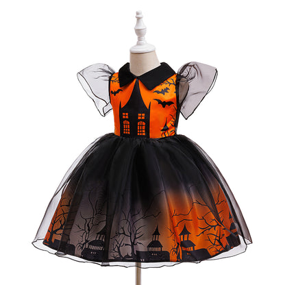 Orange Castle Print Witch Costume Dress for Girls – Halloween Party Outfit