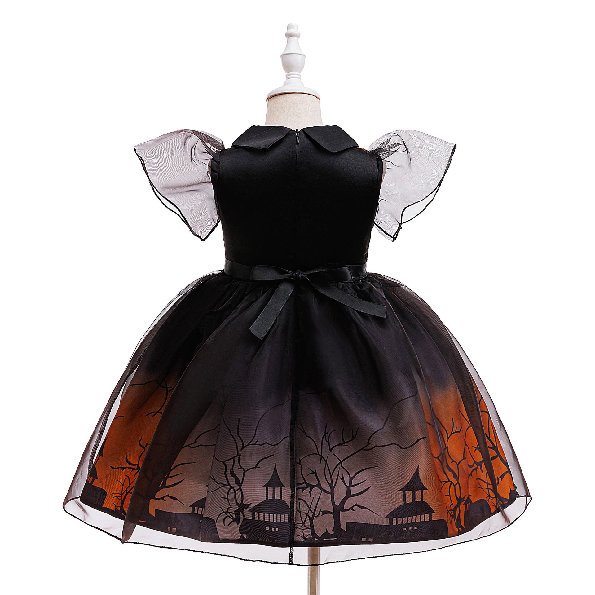 Orange Castle Print Witch Costume Dress for Girls – Halloween Party Outfit