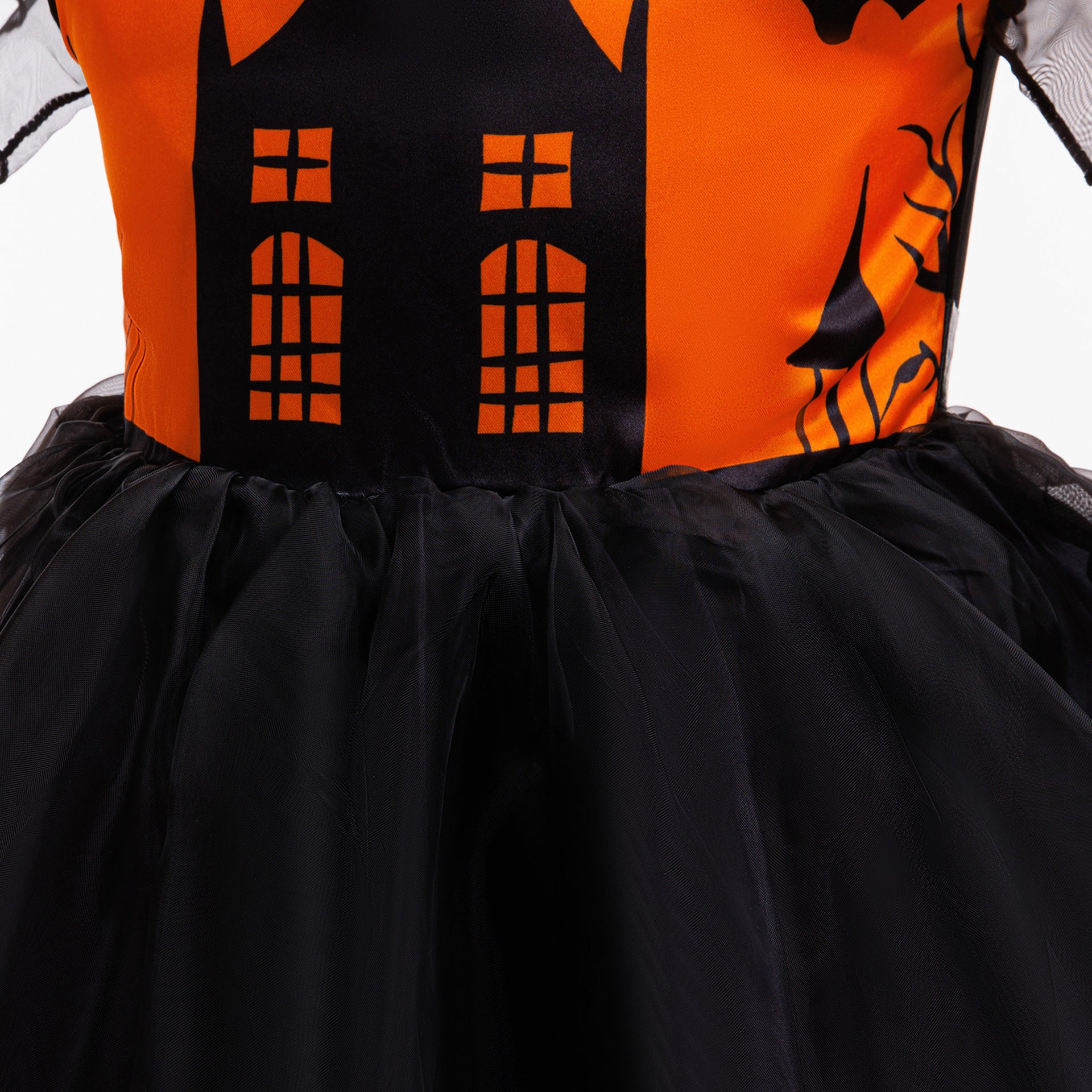 Orange Castle Print Witch Costume Dress for Girls – Halloween Party Outfit