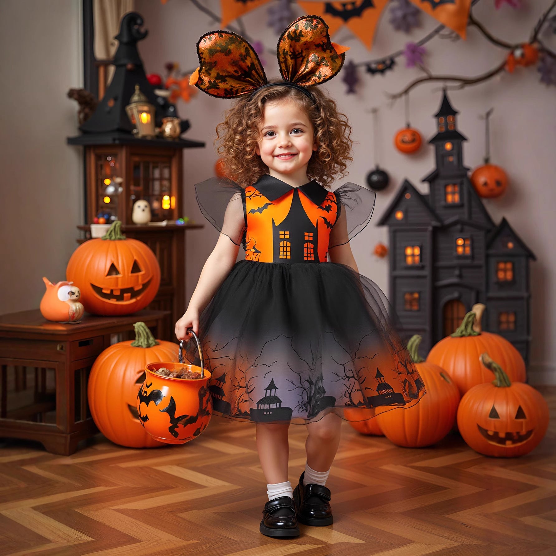 Orange Castle Print Witch Costume Dress for Girls – Halloween Party Outfit