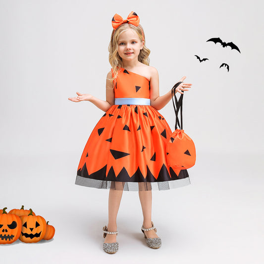 Girls Orange One Shoulder Ruffle A-Line Party Dress | Princess Costume for Kids 2-10Y