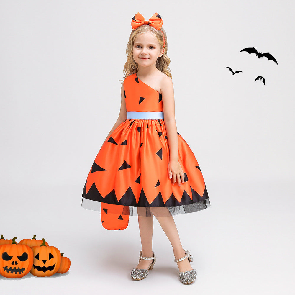 Girls Orange One Shoulder Ruffle A-Line Party Dress | Princess Costume for Kids 2-10Y