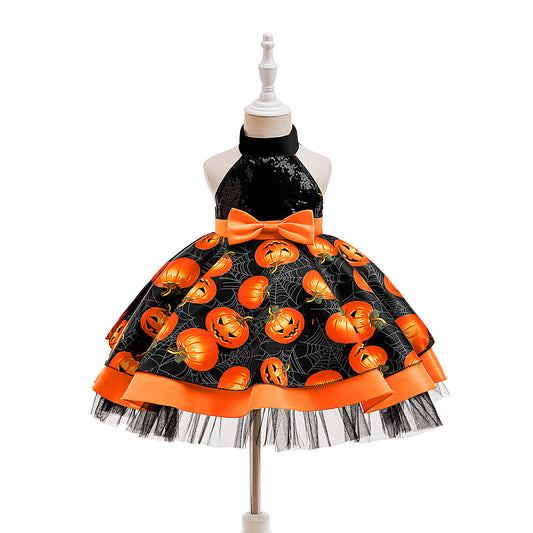 Orange Pumpkin Sequin Halter Girls Dress with Ruffles – Halloween Party Dress