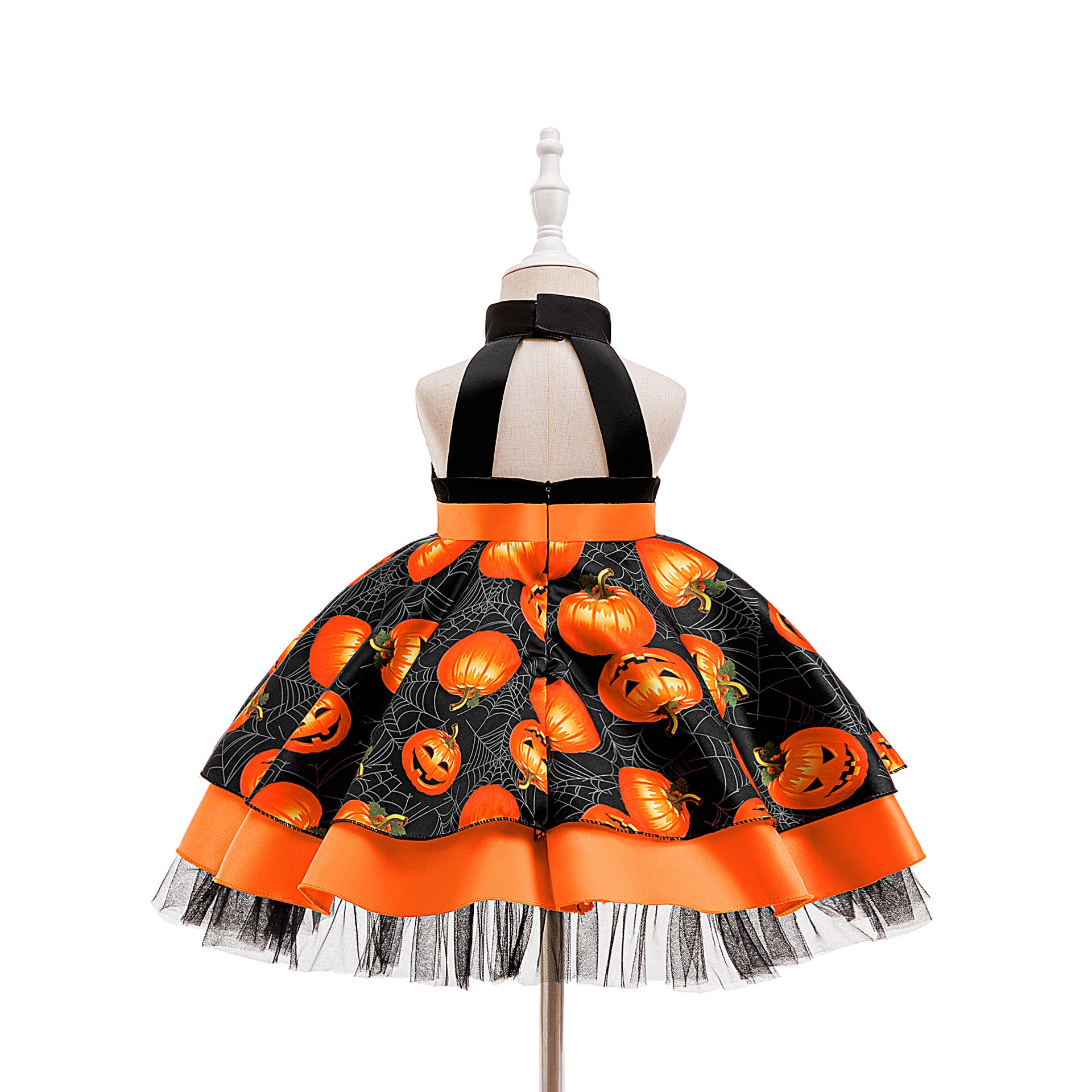 Orange Pumpkin Sequin Halter Girls Dress with Ruffles – Halloween Party Dress