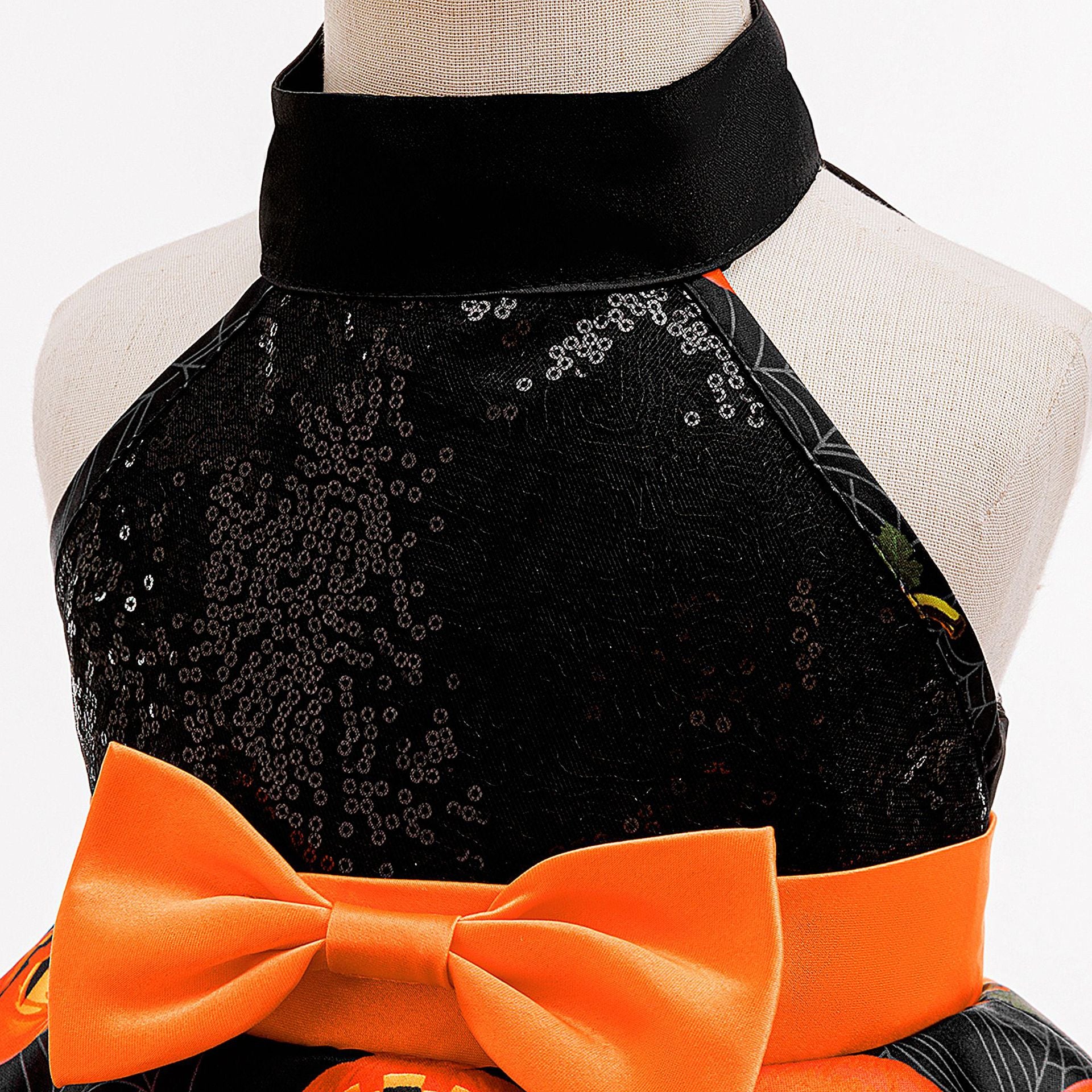 Orange Pumpkin Sequin Halter Girls Dress with Ruffles – Halloween Party Dress