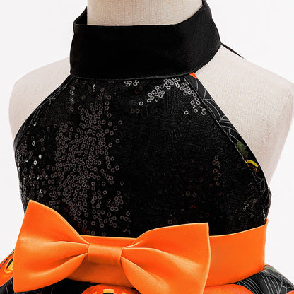Orange Pumpkin Sequin Halter Girls Dress with Ruffles – Halloween Party Dress