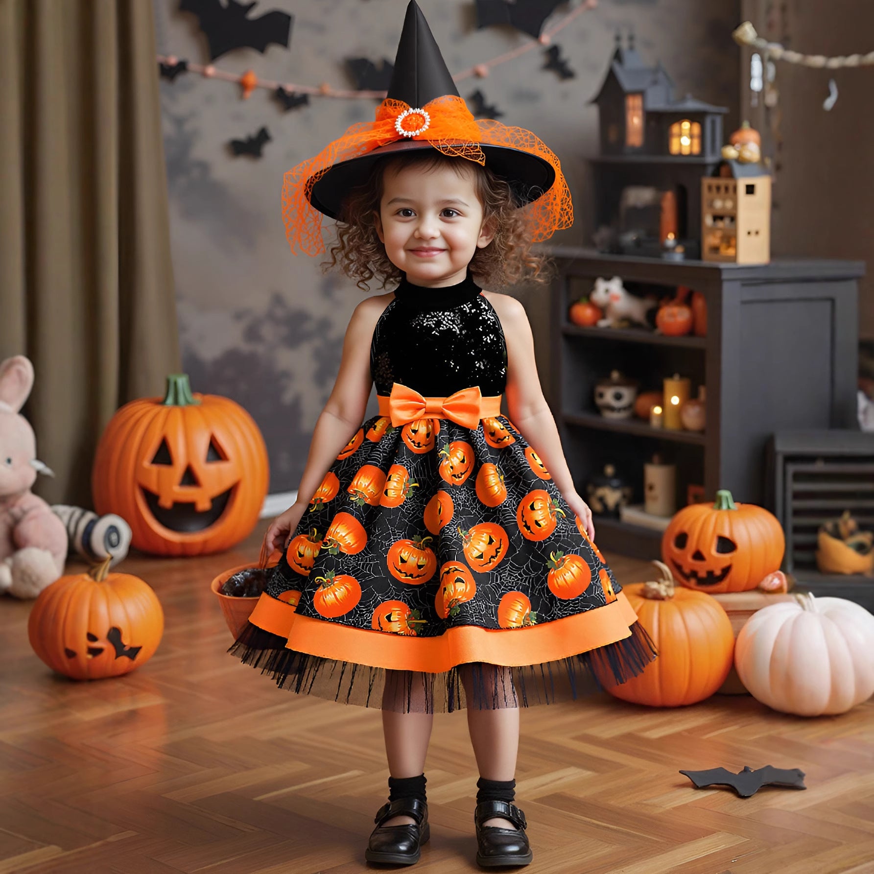 Orange Pumpkin Sequin Halter Girls Dress with Ruffles – Halloween Party Dress