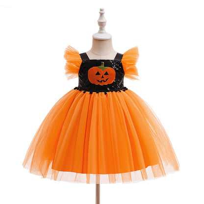 Girls' Orange Pumpkin Sequin Tulle Dress – Halloween & Party Outfit (9M-4Y)