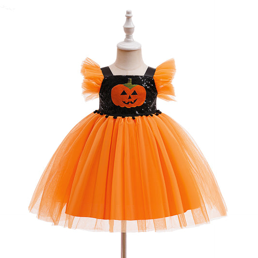 Girls' Orange Pumpkin Sequin Tulle Dress – Halloween & Party Outfit (9M-4Y)