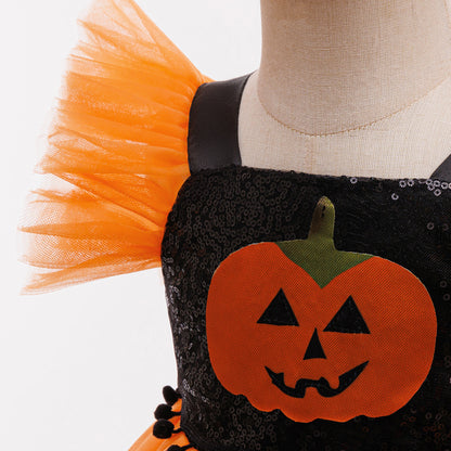 Girls' Orange Pumpkin Sequin Tulle Dress – Halloween & Party Outfit (9M-4Y)