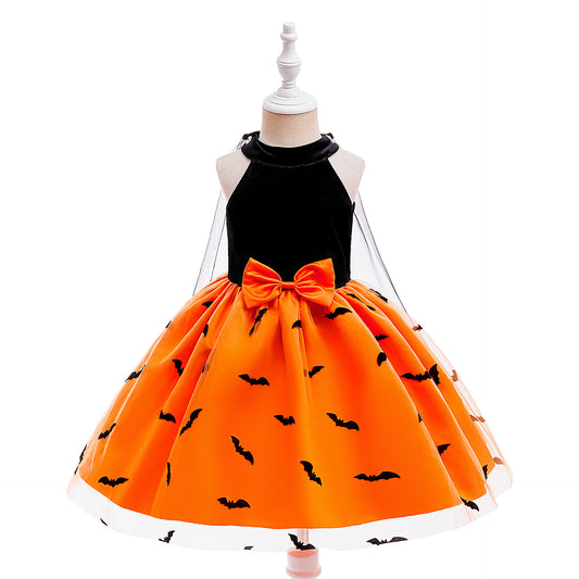 Orange Satin Halter A-Line Girls’ Party Dress with Bow & Ruffles – Knee Length, 3-10 Years