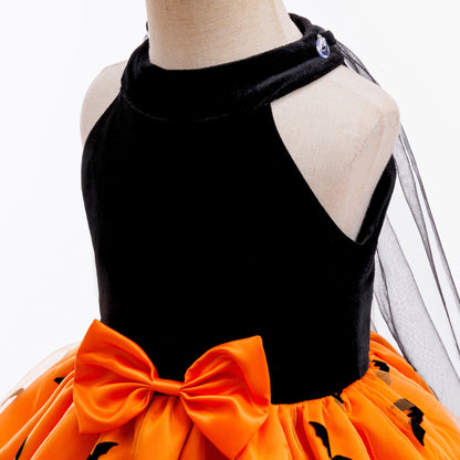 Orange Satin Halter A-Line Girls’ Party Dress with Bow & Ruffles – Knee Length, 3-10 Years