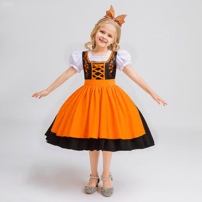 Orange Satin Princess Tea Length Dress for Girls - Puff Sleeves & Ruffles | Party, Halloween, Cosplay